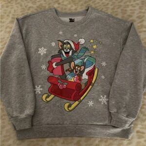 Gray Heather Crewneck Tom & Jerry Sweatshirt with Festive Holiday Design